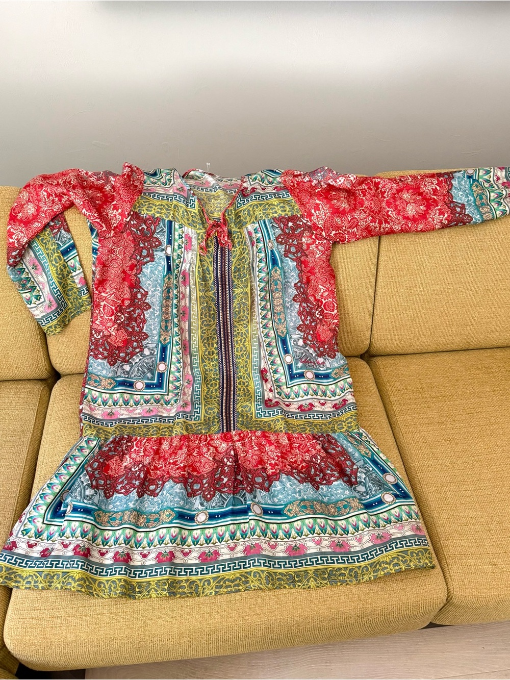 Johnny Was Fabulous silk classic Red & Teal Printed Boho Tunic Dress
